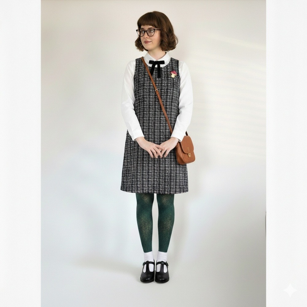 J.Crew Shift Dress Size 10 Tweed Navy Black Tan Plaid Sleeveless Preppy Academia
